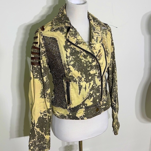 CUSTOM Upcycled Leather Trim Animal Print Peace Moto Jacket Signed - Picture 1 of 10